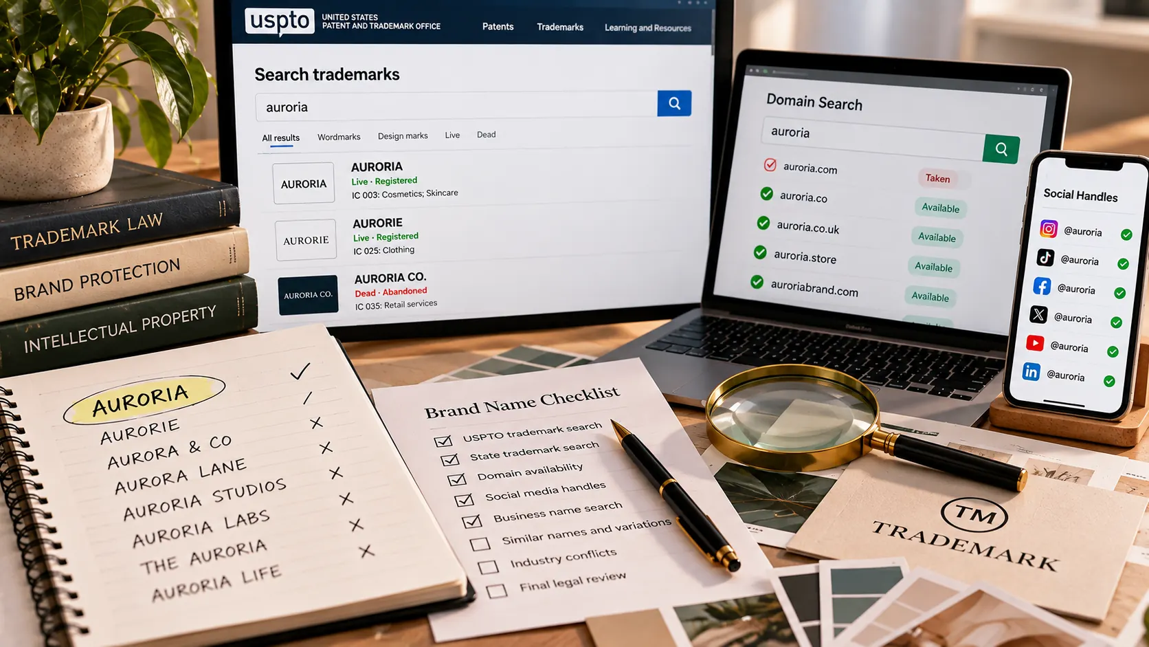Trademark and domain availability checks for a new US brand