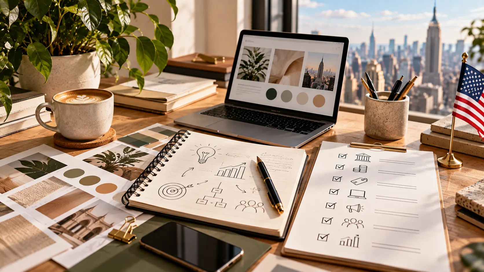 Brand launch planning desk with a US city skyline