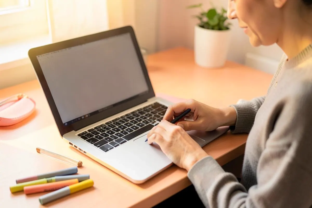 Copywriter drafting website copy on a laptop with marker pens nearby — How To Write Product Specifications That Customers Understand
