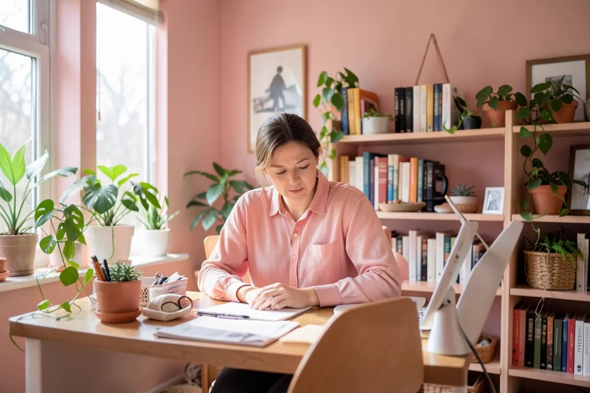 Founder-led content studio workspace with books, plants and a writing desk — How To Build A Podcast Content Strategy From Scratch