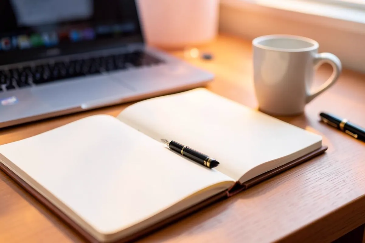 Open notebook and fountain pen beside a laptop on a writer's desk — How To Write Product Specifications That Customers Understand